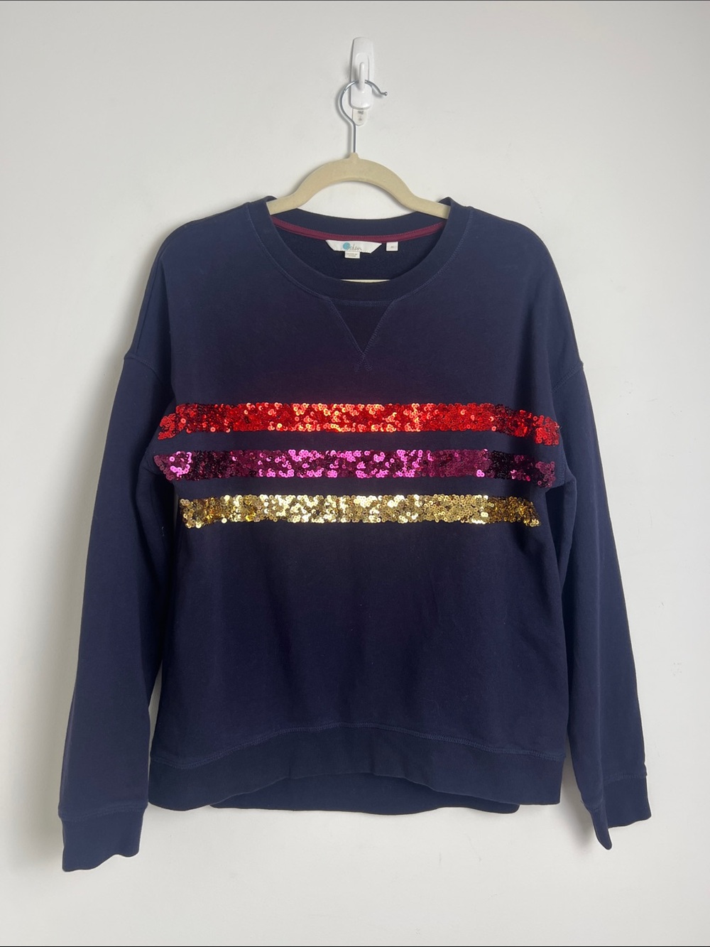 Boden Medium Navy Blue Rainbow Metallic Sequin‎ Stripe Cotton Sweatshirt
